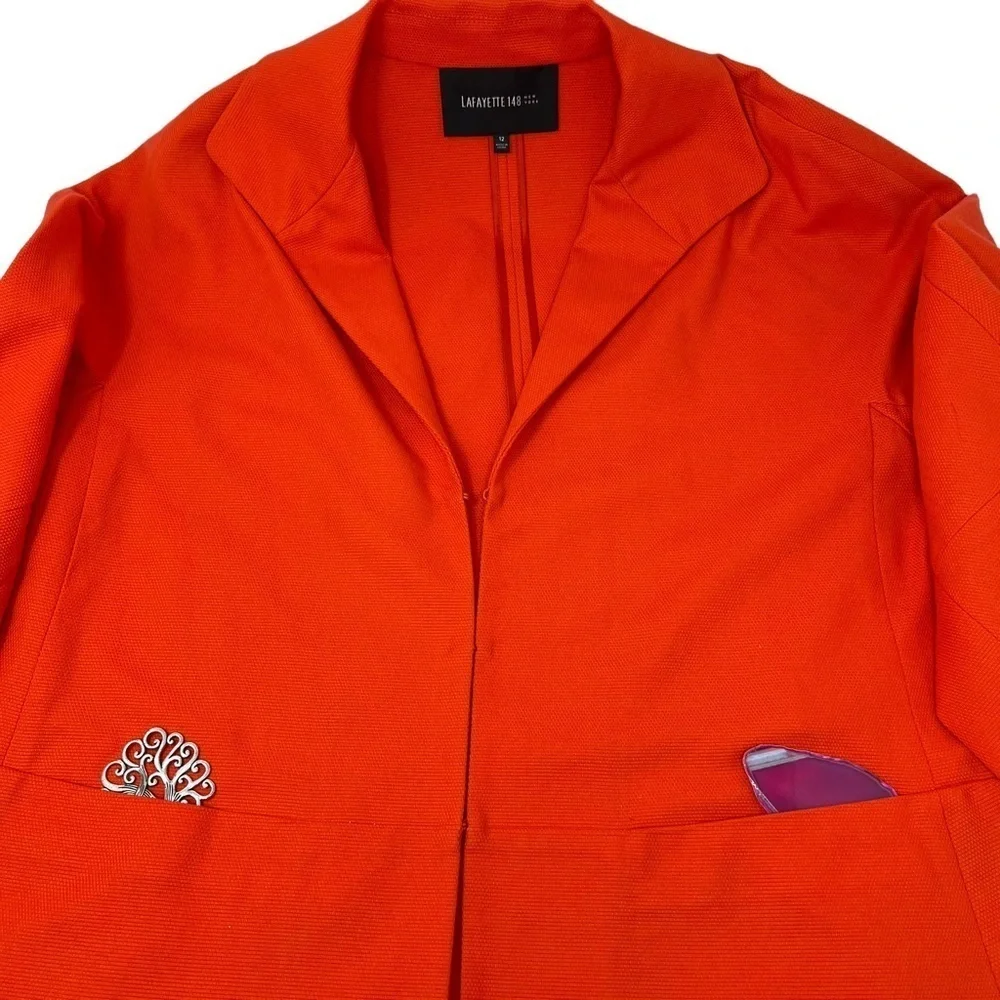 Lafayette 148 Orange 3/4 Sleeve Blazer Jacket Sz 12 Hook Closure Cotton Tailored